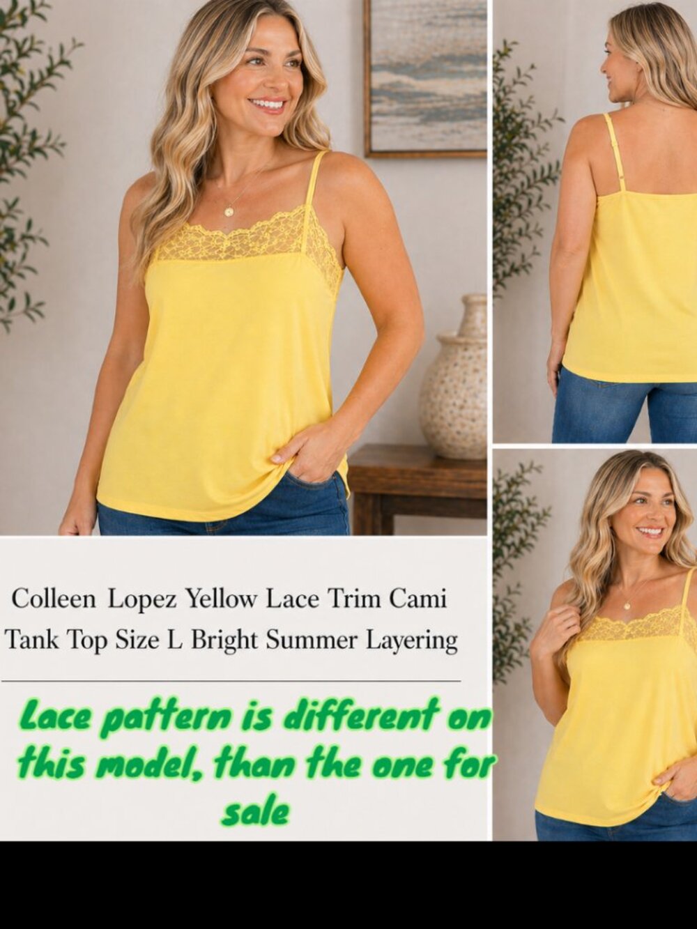 🆕Colleen Lopez Yellow Lace Trim Cami Tank Top Size L Bright Summer Layering